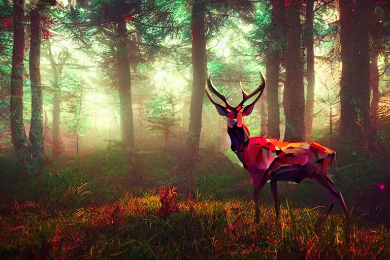 Image similar to super detailed color lowpoly art, red deer in an undergrowth, unreal engine, retrowave color palette, 3 d render, lowpoly, colorful, digital art, perspective