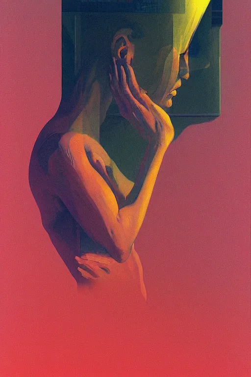 Prompt: woman swallow video tape and digital glitch head Edward Hopper and James Gilleard, Zdzislaw Beksisnski, higly detailed