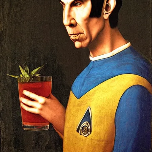 Prompt: portrait of spock drinking a tropical beverage, painting by leonardo da vinci