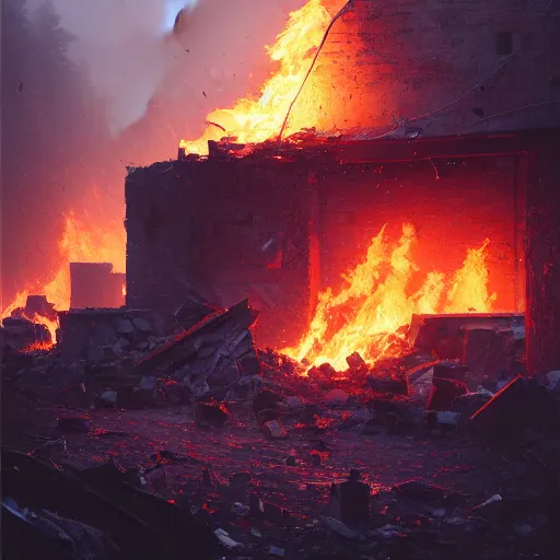 Prompt: a close view of destroyed buildigs!!!, rubble!!, fires!! hyperrealistic, highly detailed, cinematic, foggy light from fires, beautiful, cgssociety, artstation, 8 k, oil painting by greg rutkowski, by artgerm, by wlop