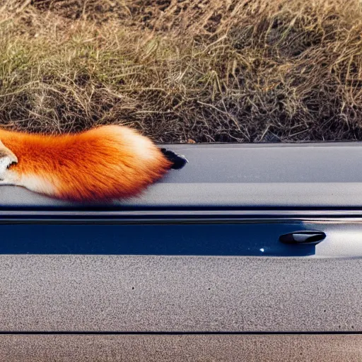 Image similar to a fox sleeping on a suv, side of the road, sunny, hyperrealistic, 4 k, contest winning photography