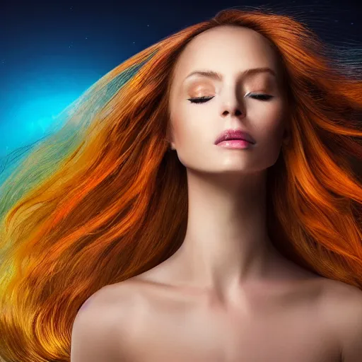 Prompt: side profile portrait of an attractive glowing blue celestial goddess with an aquiline nose, a strong jawline and a gentle smile. Her head is tilted down, and her face is emerging from her massive orange nebula of hair with pink highlight which fills most of the image. Her long wavy hair hangs down over the side of her face and behind her face, and is realistically illuminated by her face's blue glow. Highly detailed 2D digital concept art. By senior concept artist. Inspired by Hubble space telescope images.