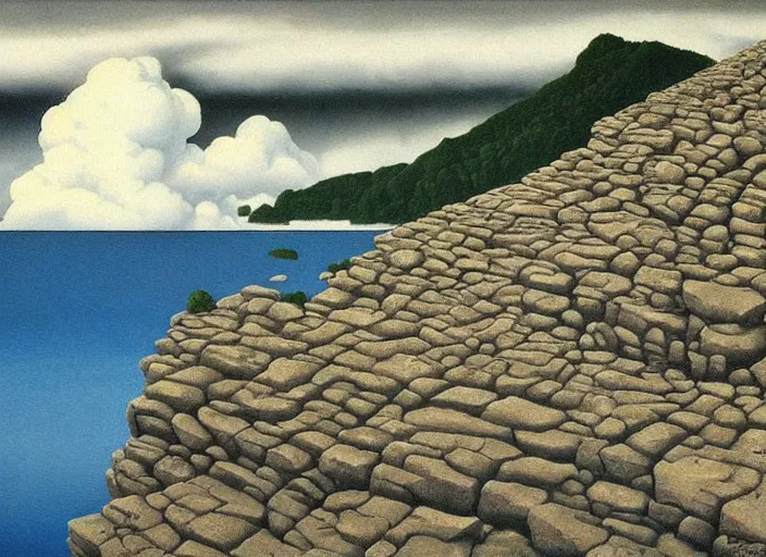 Prompt: rocky cliffs with a cloud lake, painting by mc escher, very detailed, illusion, surreal!!!, trending on artstation, beautiful color art