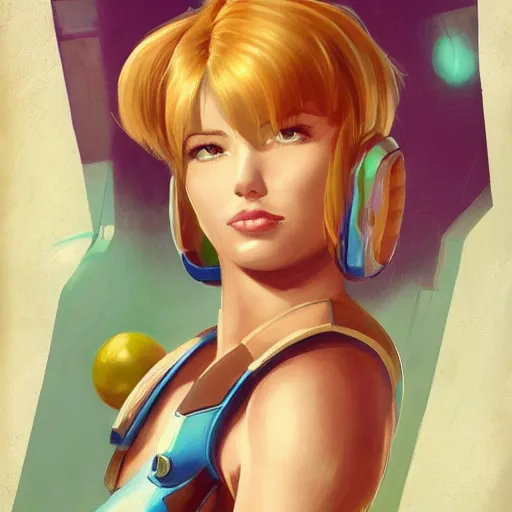 Image similar to portrait of beautiful Samus Aran, League of Legend illustration by Sam Youn:3, profile picture by Gil Elvgren:3, asymmetrical, Organic Painting, Ambient Occlusion:3, Matte Painting, bold shapes, hard edges, street art, trending on artstation, realistic:2 by Sachin Teng:5