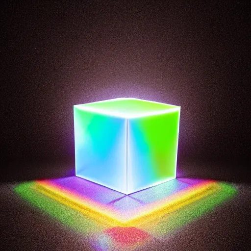 Prompt: 3 d render of an ultrarealistic photograph of a very clear and crystal cube with a high - powered laser shooting light into the cube and dispersing full spectrum rainbow light beautifully into onto the surrounding surfaces, light dispersion, light effects, 3 d render, octane render, luxcore render, visual caustics, light dispersion, 8 k