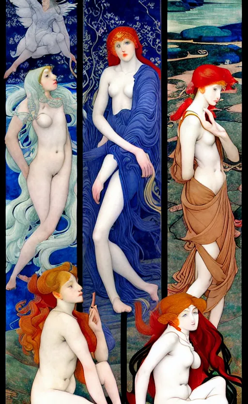 Image similar to 3 Winter Deities, (one representing each month of December, January, and February), in a mixed style of Ivan Bilibin, Æon Flux, Peter Chung, Botticelli, and John Singer Sargent, inspired by pre-raphaelite paintings, shoujo manga, and cool Japanese street fashion, they are downcast or asleep, dramatic moody cold landscape, dark and muted colors, hyper detailed, super fine inking lines, ethereal atmosphere, ghost, 4K extremely photorealistic, Arnold render