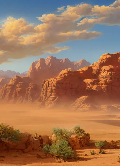 Image similar to painting of a desert landscape with a sky background, a detailed matte painting by bob thompson, cgsociety, american scene painting, poster art, matte painting, matte drawing