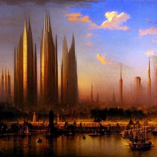 Image similar to a painting of a science fiction city filled with exotic market, tall towers inspired by tolkien, painted by bierstadt