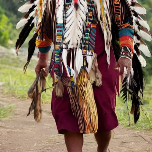 Image similar to native american indigenous man wearing traditional clothing, walking to the right, png