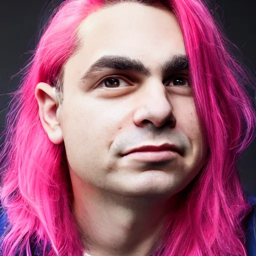 Image similar to Detailed portrait of Ben Shapiro with pink hair and piercing, 8k, realistic, 50mm photograph