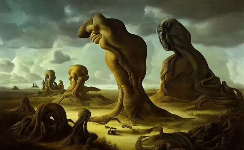 Prompt: strange disturbing surrealistic landscape with very small strange figures in the distance with large looming biomorphic figures looming inthe foreground, cast shadows, chiaroscuro, painted by dali and rachel ruysch, timeless disturbing masterpiece