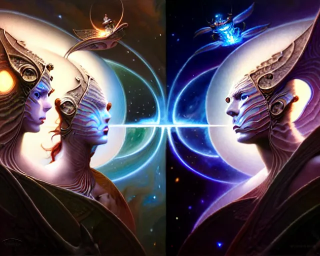 Image similar to the battle of light and dark, gemini, fantasy character portrait made of fractals, facing each other, ultra realistic, wide angle, intricate details, the fifth element artifacts, highly detailed by peter mohrbacher, hajime sorayama, wayne barlowe, boris vallejo, aaron horkey, gaston bussiere, craig mullins