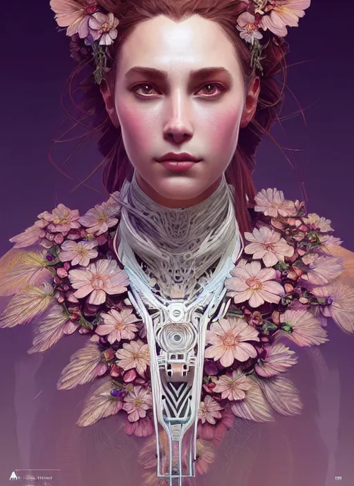 Image similar to symmetry!! portrait of floral! horizon zero dawn machine, intricate, elegant, highly detailed, digital painting, artstation, concept art, smooth, sharp focus, illustration, art by artgerm and greg rutkowski and alphonse mucha, 8 k