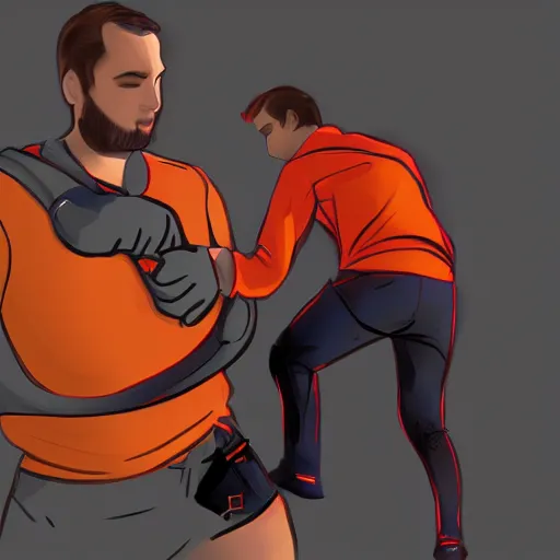 Image similar to goose being zipped - up by man in orange shirt, artstation