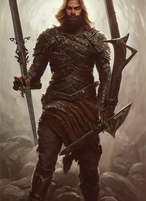 Image similar to PewDiePie as a mean looking hero holding an enormous large dual wielding sword, intricate, elegant, highly detailed, centered, digital painting, artstation, concept art, smooth, sharp focus, illustration, artgerm, donato giancola, Joseph Christian Leyendecker, WLOP, Boris Vallejo, Artgerm