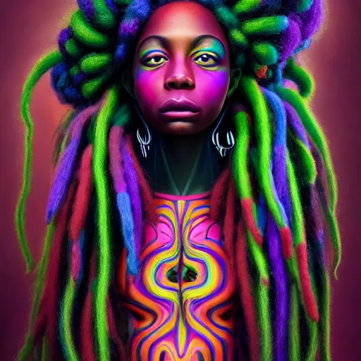 Image similar to a wide angle shot of a black girl with colorful dreadlocks in a field of candy, by Adi granov and afarin sajedi and amanda sage and evgeni gordiets and Agostino Arrivabene and adonna khare in a psychedelic portrait style, ultrarealistic matte painting, volumetric lighting, fractal, extremely symmetrical, highly detailed face, orisha, 8k, hd