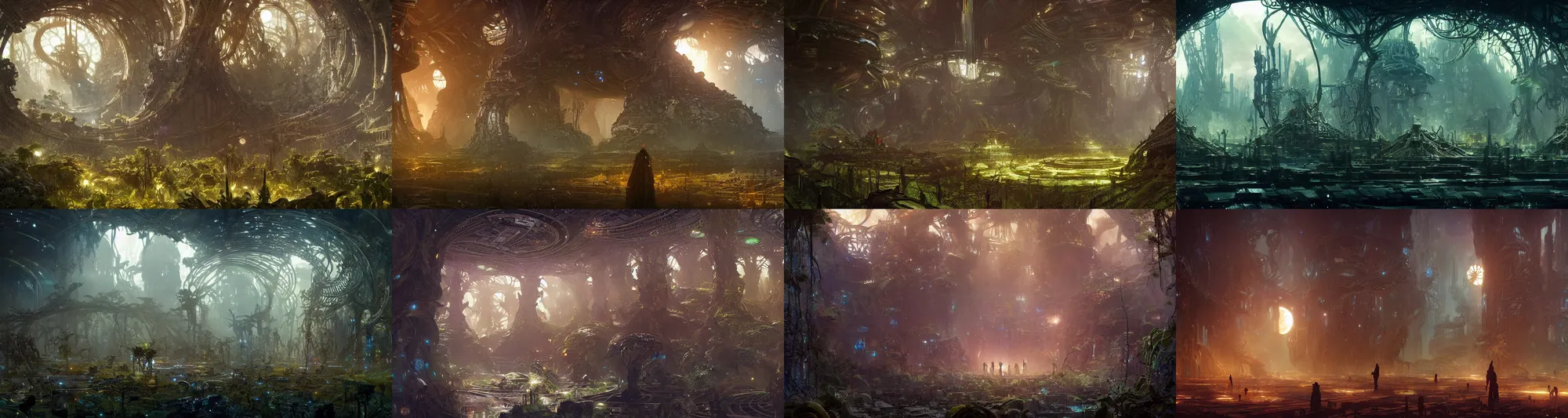 Prompt: Cybernetic space forest scene in a giant Aztec space city, fantasy, two moons lighting, intricate details ,by denis villeneuve, Ridley Scott, Greg Rutkowski and Alphonse Mucha