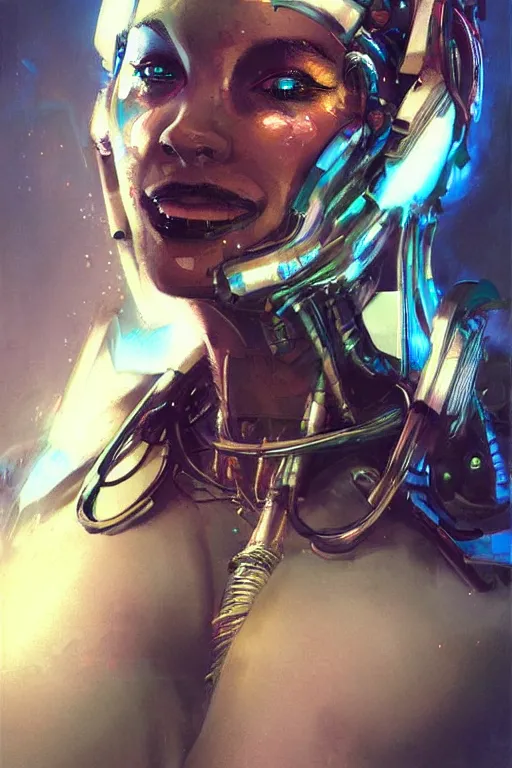 Prompt: portrait, headshot, digital painting, an beautiful techno - shaman cyborg lady, smiling, pearlescent, synthwave, glitch, fracture,, realistic, hyperdetailed, chiaroscuro, concept art, art by john berkey