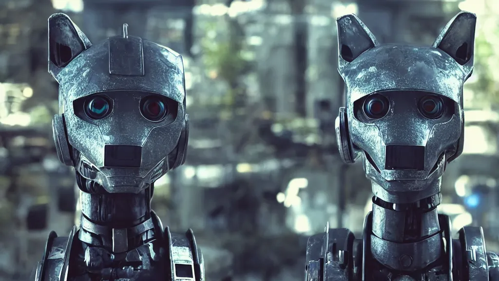 Image similar to film still from the movie chappie of the robot chappie shiny metal outdoor scene bokeh depth of field furry anthro anthropomorphic stylized cat ears head android service droid robot machine fursona