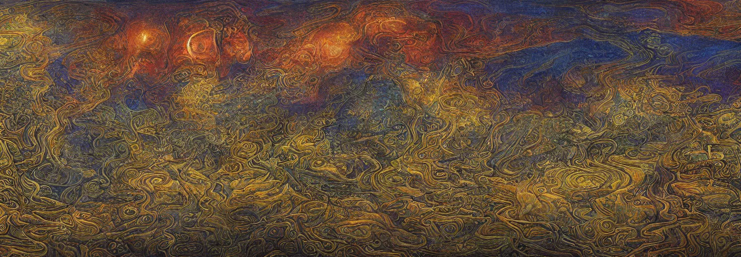 Prompt: a detailed vast mysterious landscape of visionary art and mystical animals at the end of time, painted by robert venosa, textures, displacement, normal map, bump map