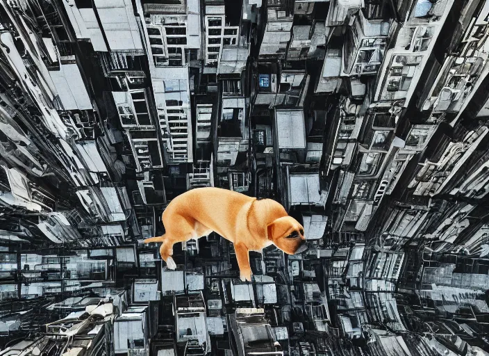 Prompt: a dog in an upside down city, photography, high definition, rule of thirds