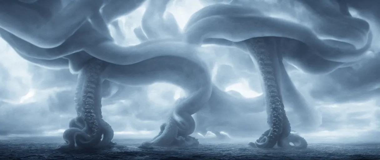 Prompt: a giant octopus tentacle hanging from the clouds over a rain forest, lightning storm and sun rays, ambient light, still from the movie the arrival, 8k