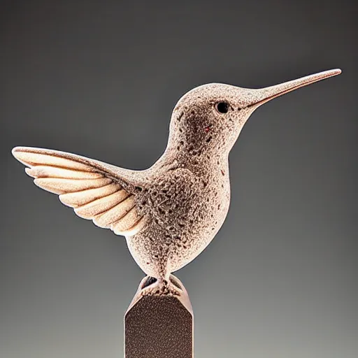 Prompt: intricate hummingbird carved from wet clay, bioluminescent, photograph, studio lighting