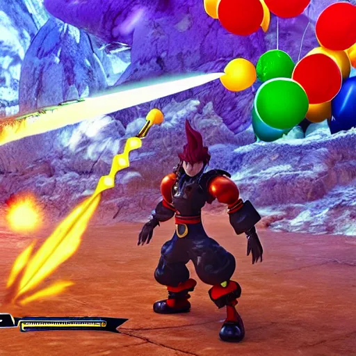 Prompt: final boss battle with clown strife using his balloon sword cinematic cutscene render screenshot final fantasy 7 remake high resolution