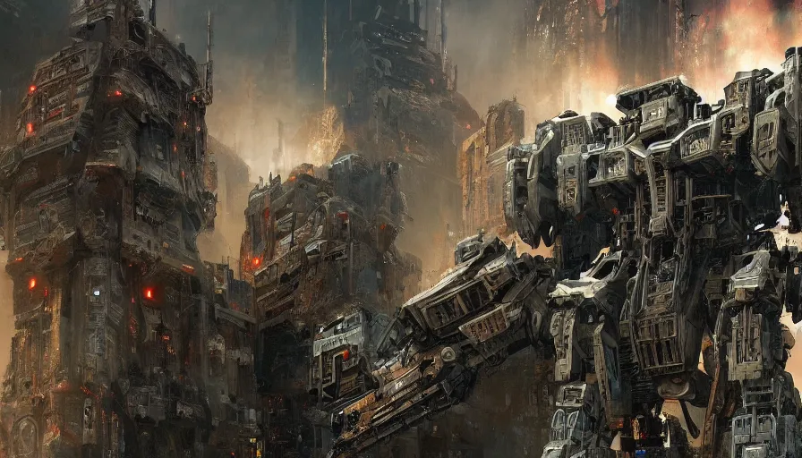 Image similar to imposing mech destroying the city, very detailed and intricate costume design, inspired by transformers movies, elite, ornate, dark hazy environment, ambient lighting, cinematic, epic, by craig mullins