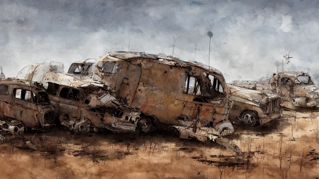 Prompt: abandoned caravan wreck in the middle of a desert, papyrus, watercolored, jakub rozalski, dark colours, dieselpunk, artstation