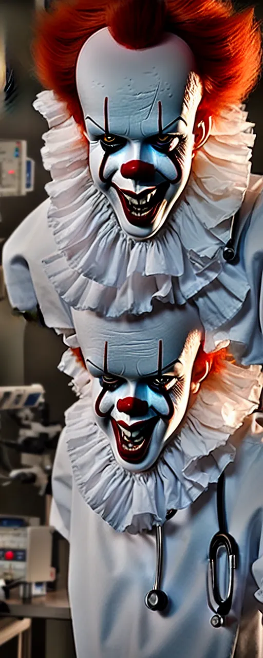 Image similar to a face and body photograph of pennywise dressed as a doctor in a hospital, with a lab coat, with a stethoscope, hyperdetailed, intricate, dramatic, horror movie, movie still, 4 k realistic, volumetric lighting, sharp focus