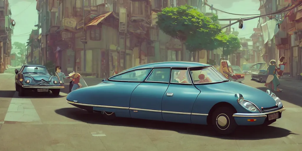 Prompt: a wholesome animation key shot of a focused 1974 citroen ds in the street, medium shot, studio Ghibli, Pixar and Disney animation, sharp, very detailed, high resolution, Rendered in Unreal Engine 5, anime key art by Greg Rutkowski, Bloom, dramatic lighting