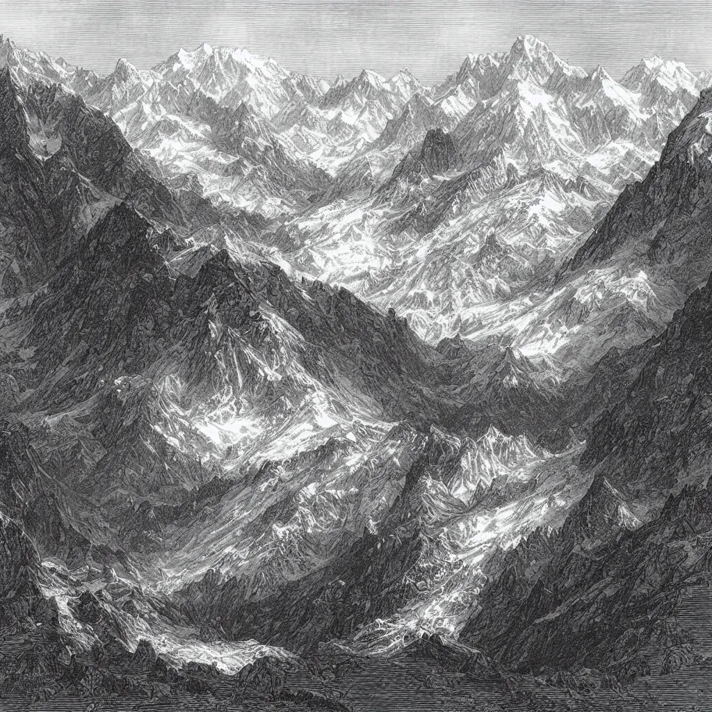 Prompt: an engraving of mont blanc in the alps by gustave dore, highly detailed