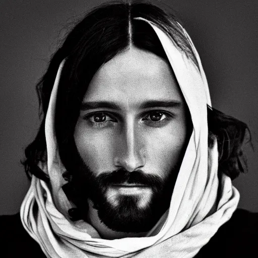 Prompt: photograph portrait of Jesus Christ, B&W, Vogue magazine, taken on 1970s kodak camera, grainy, kodak, fashionable, 4k, very realistic, hiper detailed, trending on artstation, award winning, photorealistic, studio, 35mm