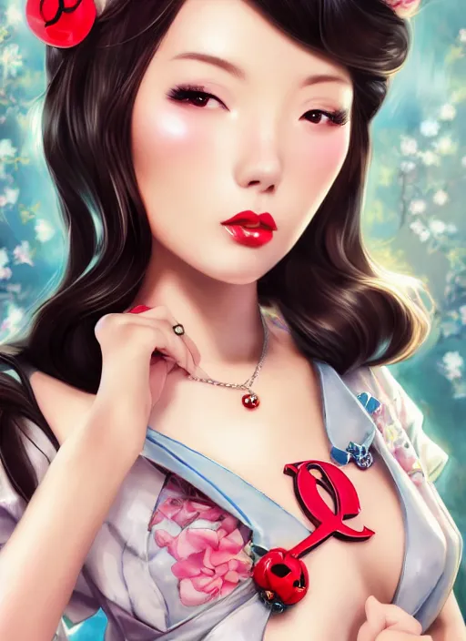 Image similar to a pin up and beautiful fashion dreamlke japan girl with lv jewelry, character art, art by artgerm, wlop, loish, hyperdetailed, 8 k realistic, symmetrical, global illumination, radiant light, frostbite 3 engine, cryengine, dof, trending on artstation, digital art, chanel, dior, detailed background