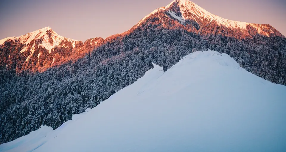 Image similar to professional photo of a snow topped mountain lit by the sunset