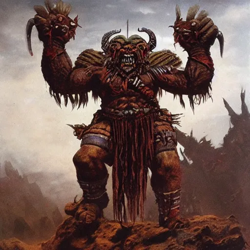 Prompt: warhammer orc feral chieftain, wearing tribal armor, bulky body, ogre head, tusked, beksinski