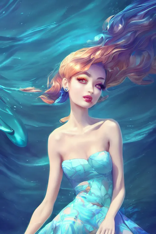 Image similar to a beautiful fashion goddness of love, chic strapless dress, tropical sea background, character design, in the style of artgerm, and wlop, cinematic lighting, hyperdetailed, 8 k realistic, symmetrical, global illumination, radiant light, frostbite 3 engine, cryengine, dof, trending on artstation, digital art