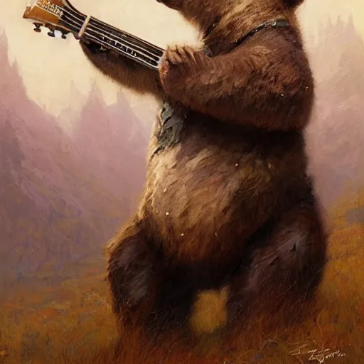 Prompt: realistic bear playing angular guitar, fantasy character portrait by Greg Rutkowski, Craig Mullins, Gaston Bussiere