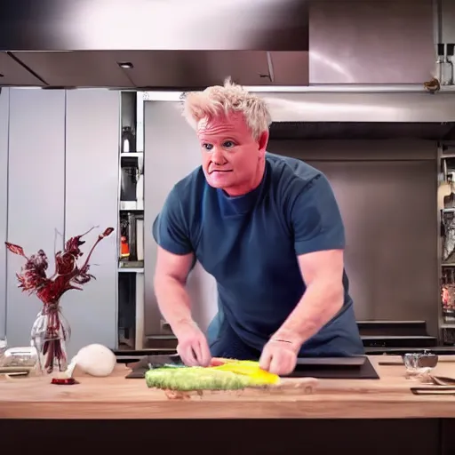 Image similar to hyper real Gordon Ramsey cooking a unicorn in kitchen 4k