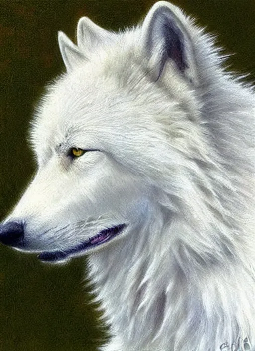 Prompt: a realistic white wolf head seen from the side, fantasy art, art by collin bogle