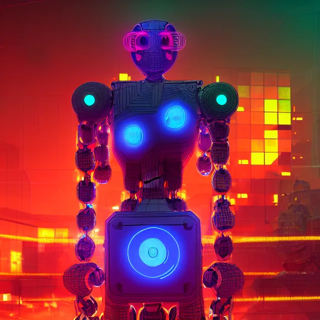 Prompt: 3 d render of glowing futuristic robot blocks tied together with chains, blockchain, symmetry, painted, intricate, volumetric lighting, beautiful, rich deep colors masterpiece, sharp focus, ultra detailed, in the style of dan mumford and marc simonetti