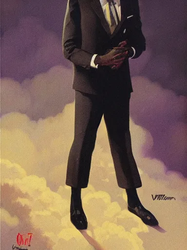 Image similar to pulp magazine illustration of a black man in a suit smoking, cinematic view, dynamic lighting, volumetric lighting, mysterious highly detailed, smooth, digital painting, symmetrical, art by vincent di fate, kehinde wiley, artem demura, frazetta