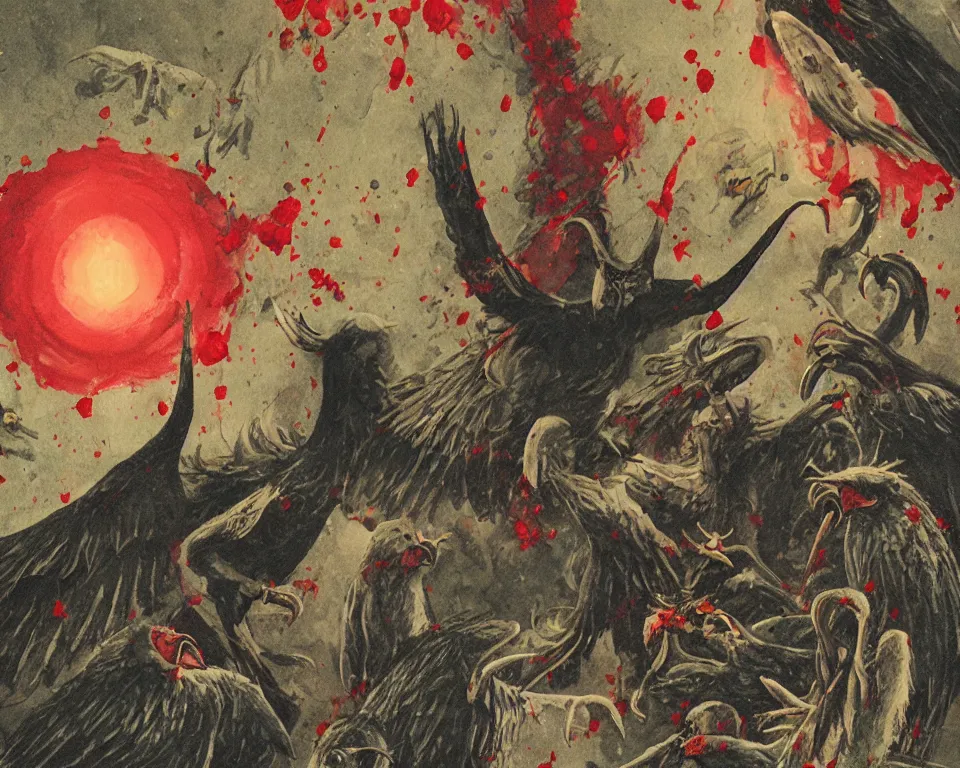 Prompt: a christmas card with a sinister demon and vultures, covered in blood