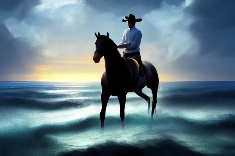 Image similar to photo of man riding a horse along the beach, glowing underwater waves toward a lighthouse in the distance guiding his way, silhouette, wide horizon, large white clouds, night, intricate, elegant, highly detailed, digital painting, artstation, concept art, smooth, sharp focus, illustration, art by artgerm and greg rutkowski and fra angelico