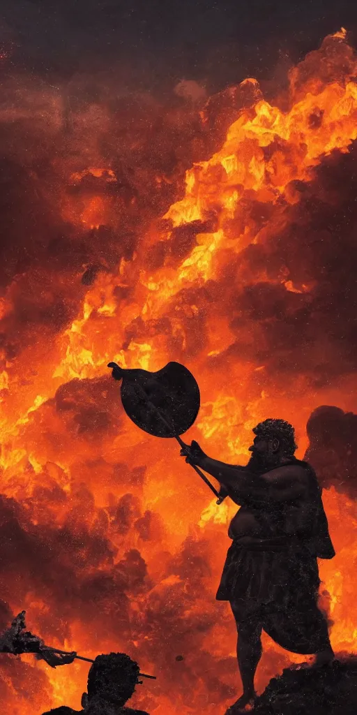 Image similar to black silhouette realistic painting of roman emperor nero as a dwarf playing the flute while roman structures are on fire in background, hyper realistic, 8 k resolution, roman amphitheater and skyline of ancient rome is on fire, red skies, smoke billows over the horizon, cans of spinach are falling from space