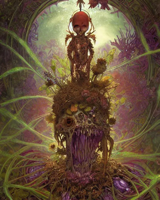 Image similar to the platonic ideal of flowers, rotting, insects and praying of cletus kasady carnage davinci dementor chtulu mandelbulb mandala ponyo dinotopia bioshock the witcher, d & d, fantasy, ego death, decay, dmt, psilocybin, concept art by randy vargas and greg rutkowski and ruan jia and alphonse mucha