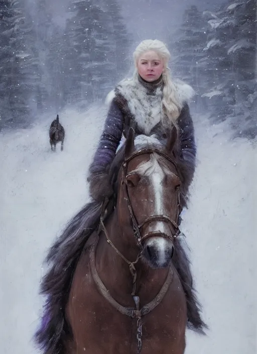 Image similar to portrait of a nordic women in a snowy tundra, the women with violet eyes has a horse, set in game of thrones. by Daniel F. Gerhartz, hyperrealistic oil painting, 4k, very detailed faces, studio lightning