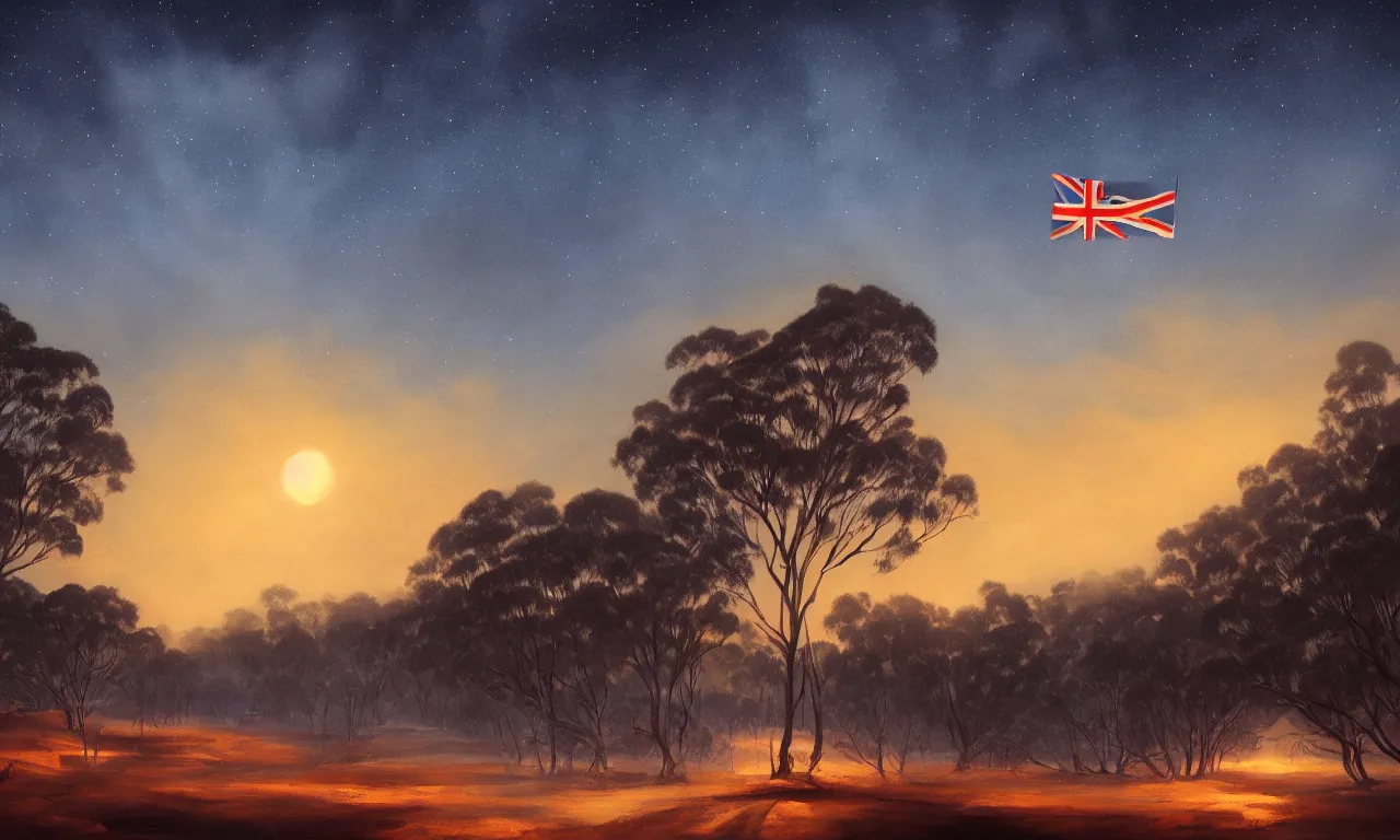 Prompt: Australian winter night, Australian flag, trending on artstation, 30mm, by Noah Bradley