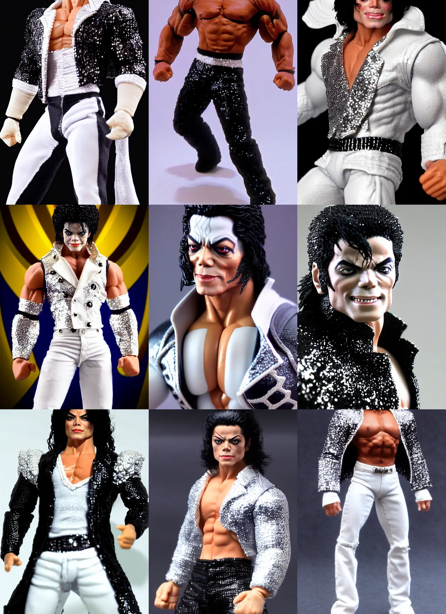 Prompt: michael jackson oversized muscular hulked powerlifter by neca!!! pretty! beautiful! shirtless muscular white pants black sequined jacket very detailed realistic action figure by neca. face very close up shot headshot. in the style of tekken 5, character from mortal kombat, film still, bokehs